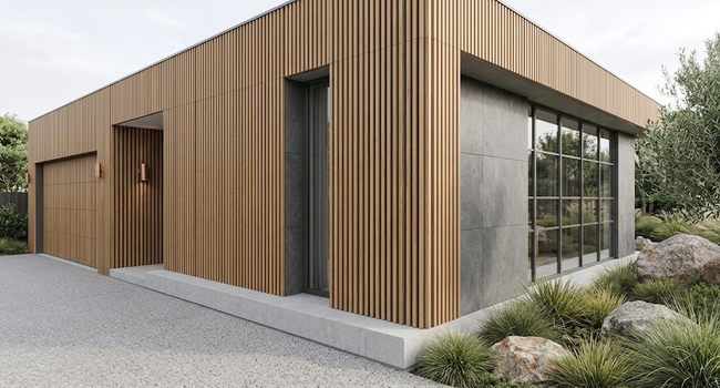 Exterior timber and stone cladding