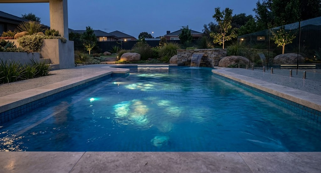 Finished backyard pool at dusk