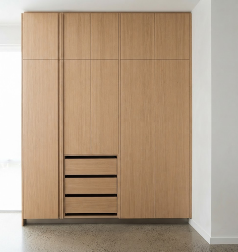 Tall oak cabinetry